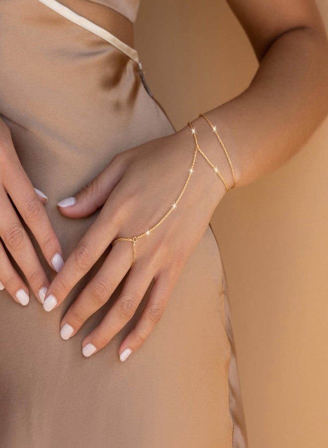 Moodear Gold Plated Hand Chain for Women - Dainty 14K Gold Plated Ring Bracelet Cute Adjustable Sparking Link Chain Layered Bracelets Non Tarnish Trendy Jewelry Gift - Image 4